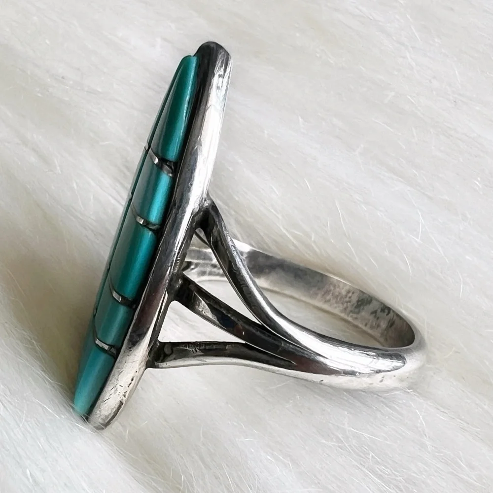 NATIVE Zuni Turquoise Vintage Southwestern Geometric Inlay Sterling Silver Ring